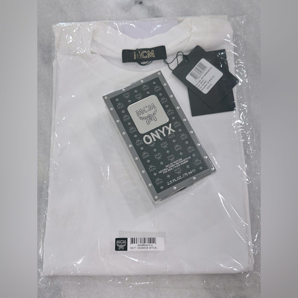 MCM men’s xl whit T-shirt with black logo and cologne